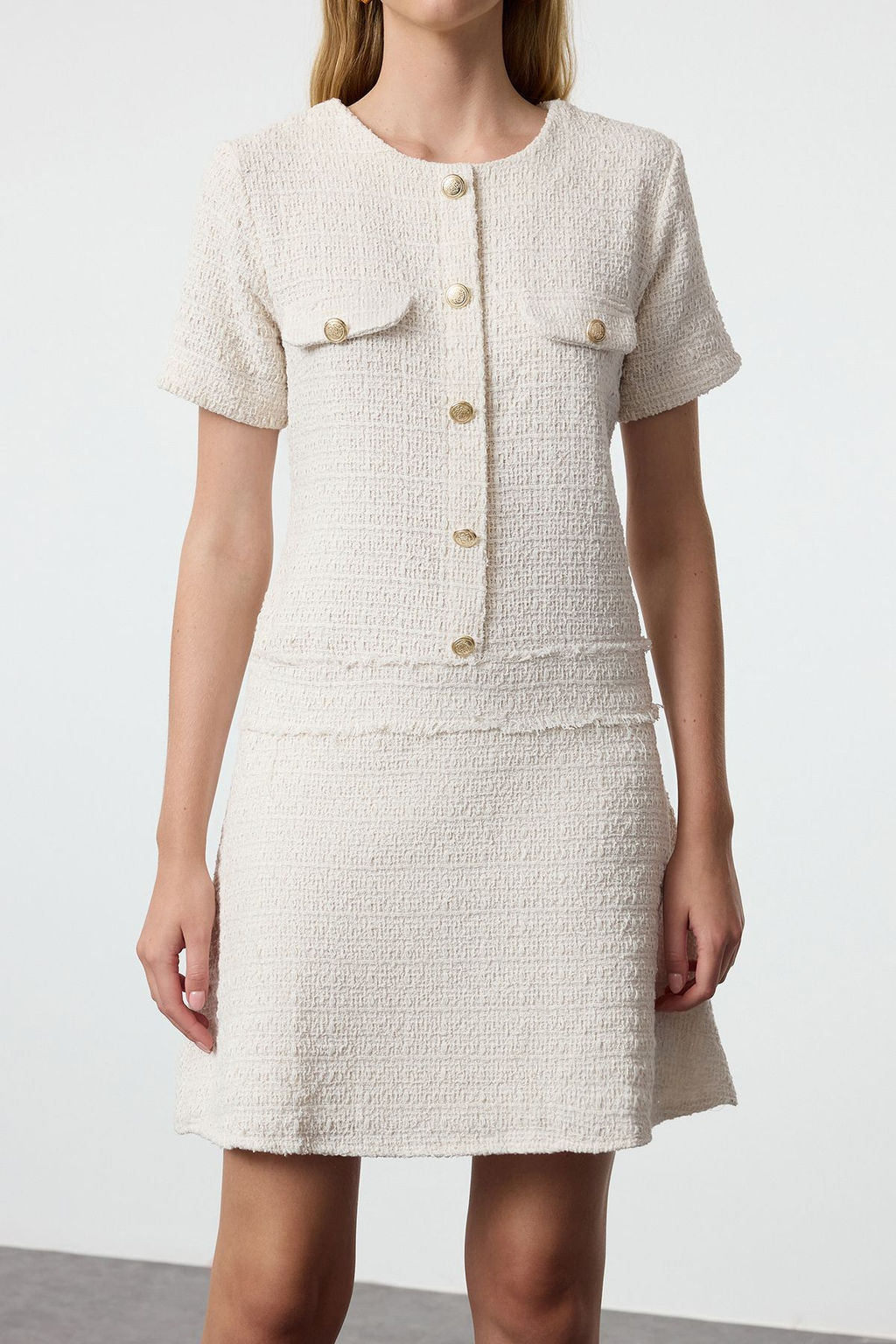 TRENDYOLMILLA Lacivert A Kesim Dugme Detayl? Mini Tuvit Dokuma Elbise TWOAW25EL00168  фото 9