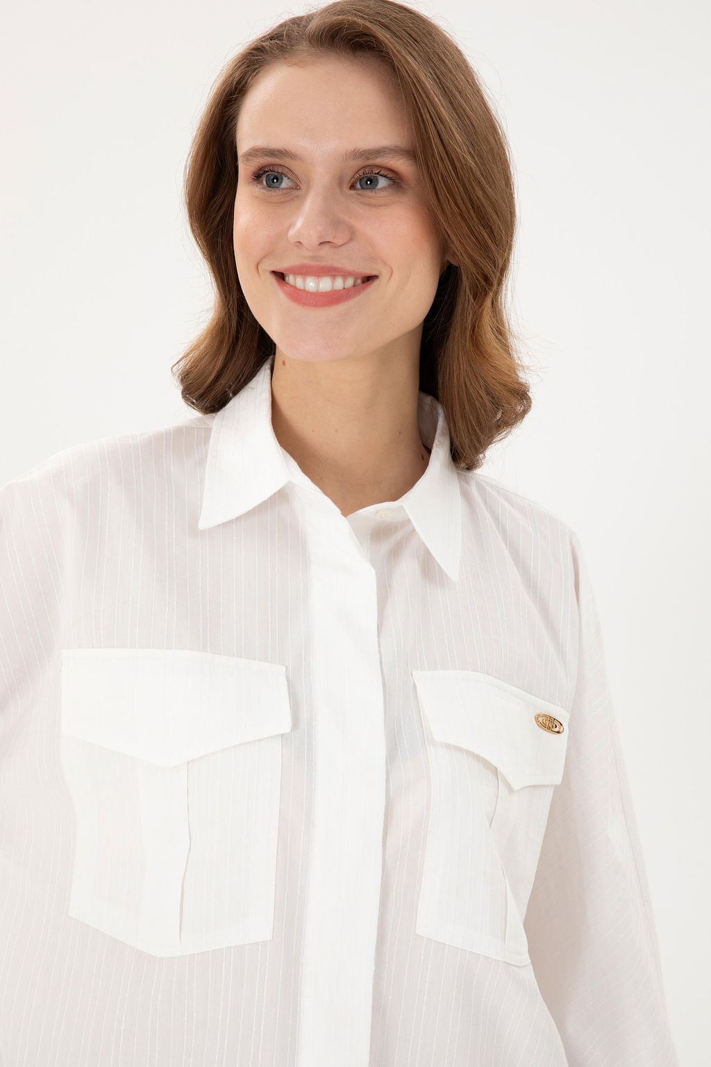 Женская рубашка с длинным рукавом цвета экрю - U.s. polo assn фото 2