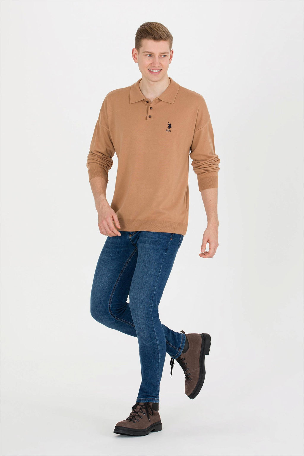 U. S. Polo Assn Мужской светло-коричневый меланжевый трикотаж с воротником поло - U.s. polo assn фото 7