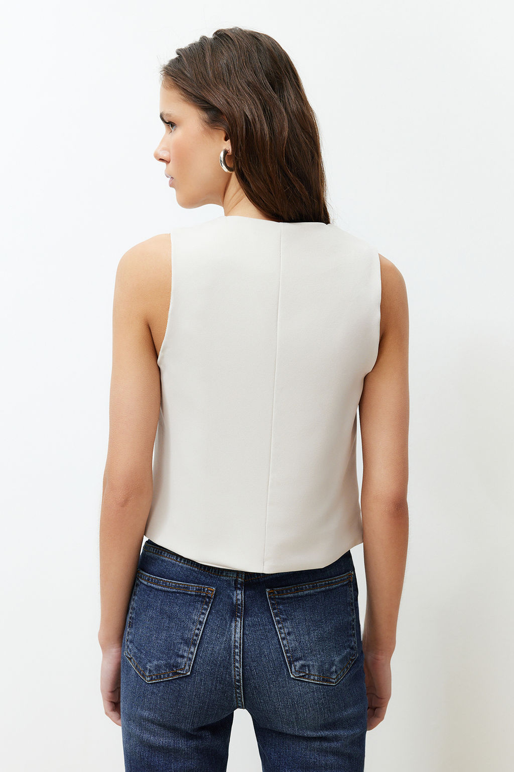 Bej Fitted Fitted Dugmeli Crop Dokuma Yelek TWOSS21YE0009
