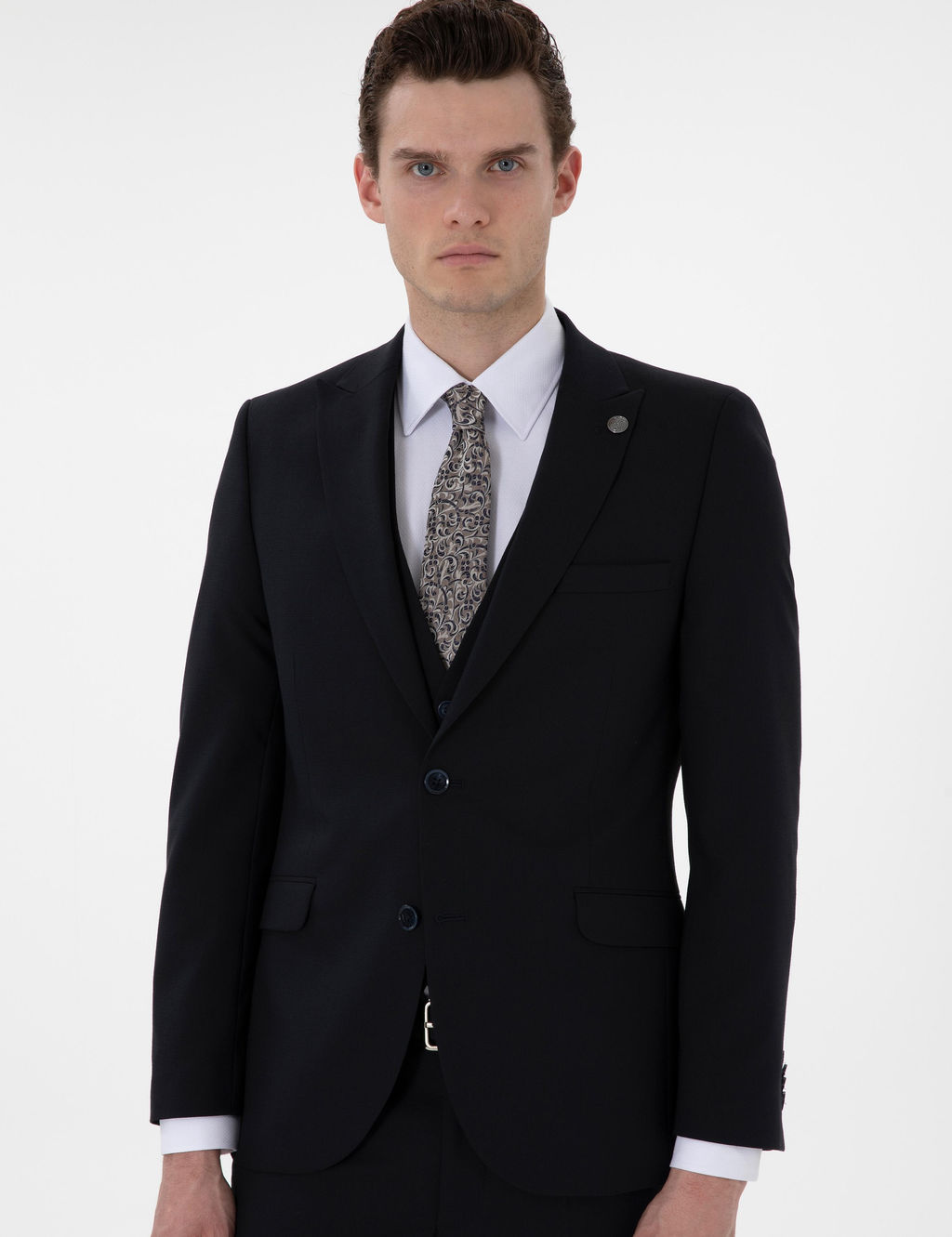 Lacivert Ex. Slim Fit Yelekli Tak_m Elbise