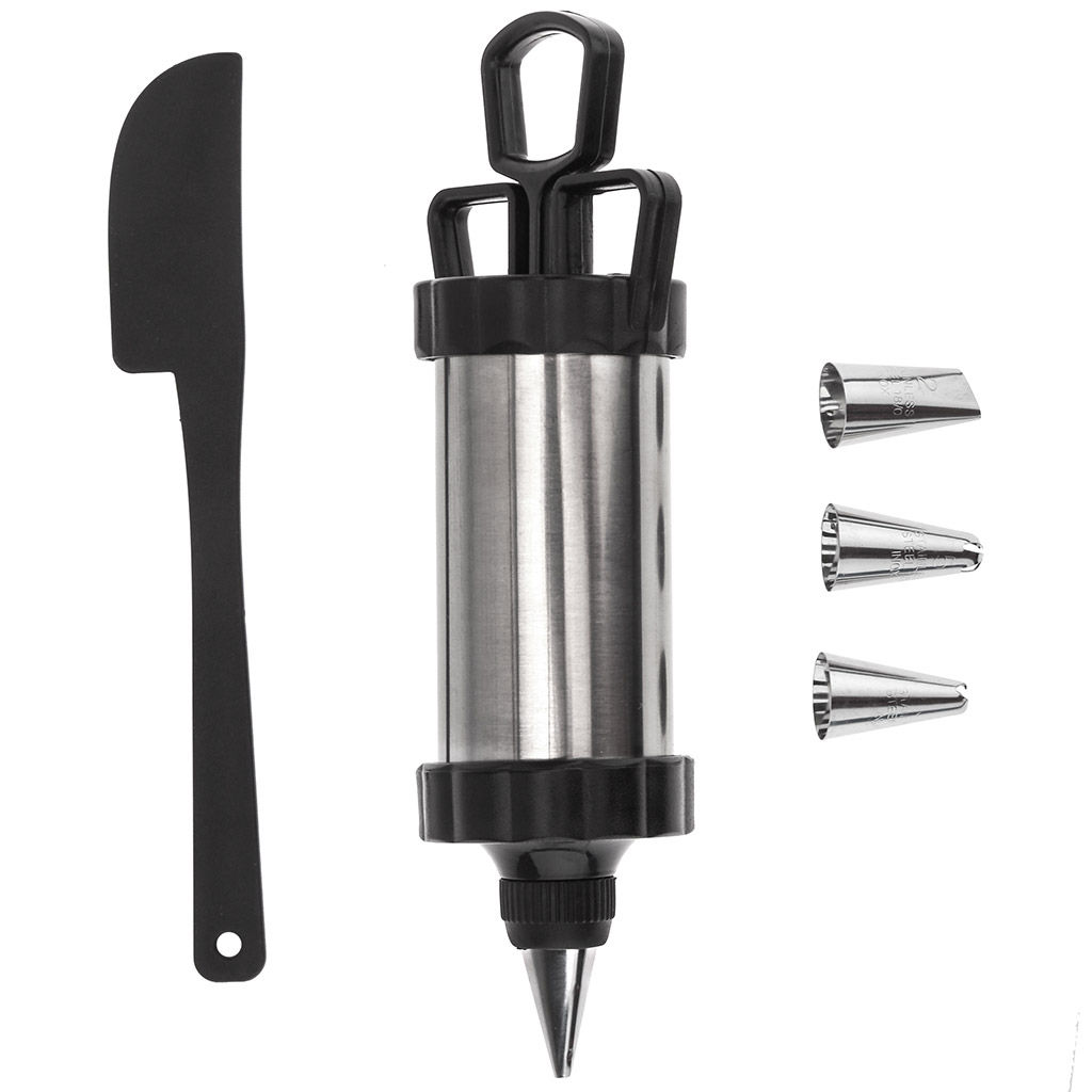 Кондитерский шприц из нержавеющей стали Крем-чиз 18х6,3х6,3см, насадка нерж. для крема - 4 штуки, лопатка пластмассовая 18,7см, цвет - черный, в блистере (Китай)