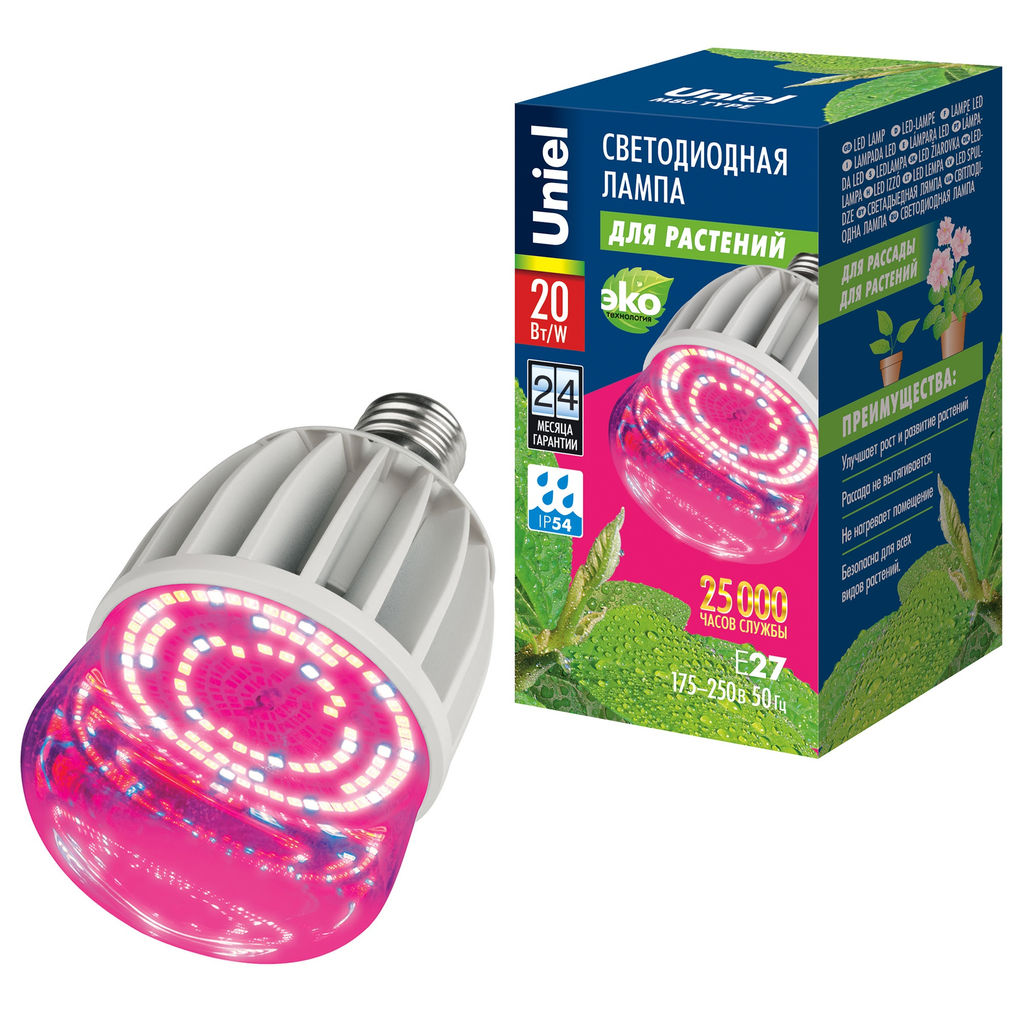 LED-M80-20W/SP/E27/CL ALS55WH Лампа светодиодная для растений, IP54. Форма "M", прозрачная колба. Материал корпуса алюминий. Упаковка картон.
