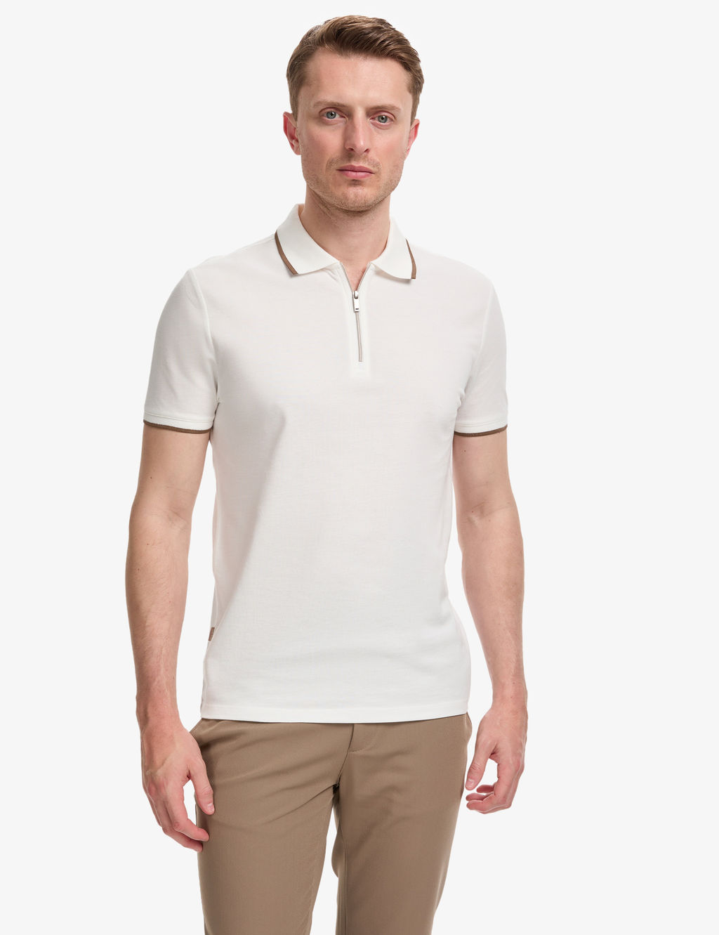 Ekru Slim Fit %100 Pamuk Fermuarl_ Polo Yaka Ti__rt
