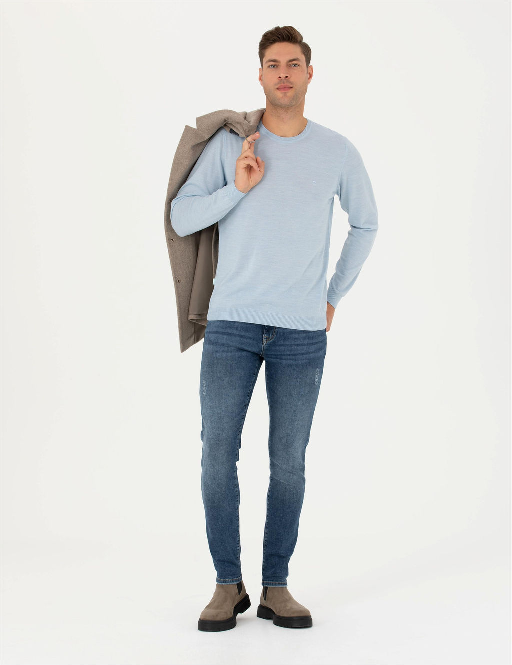 A__k Mavi Slim Fit Bisiklet Yaka Y_n Kar___ml_ Basic Triko Kazak