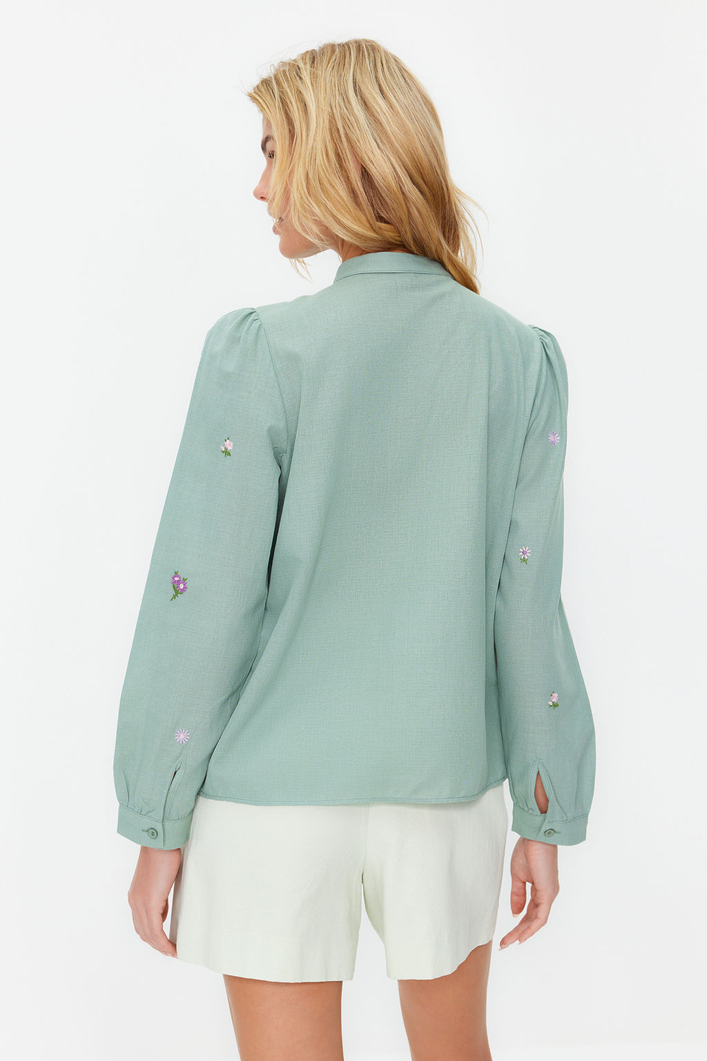 Yesil Cicek Nak?s Nak?s Detayl? Regular Normal Kal?p Dokuma Gomlek TWOSS23GO00152