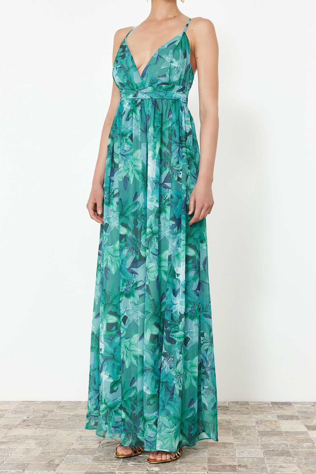 TRENDYOLMILLA Cok Renkli A-Kesim Cicekli Dokuma Sifon Uzun Abiye Elbise TPRSS24AE00094  фото 4