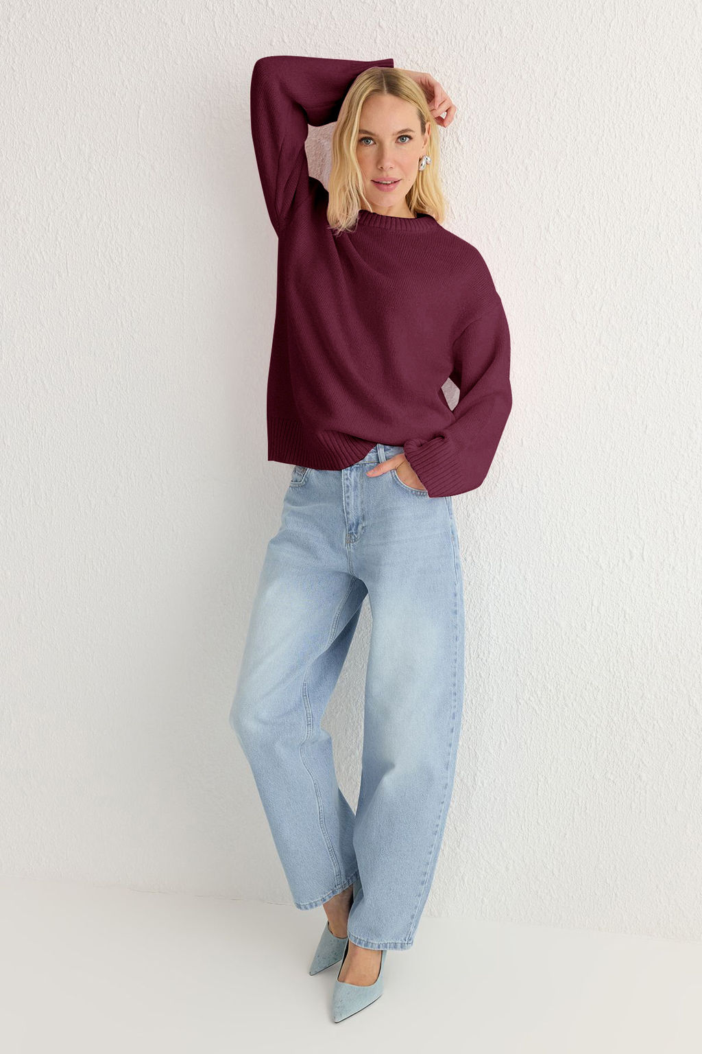 Bordo Genis Kal?p Yumusak Dokulu Triko Kazak TWOAW25KZ00168