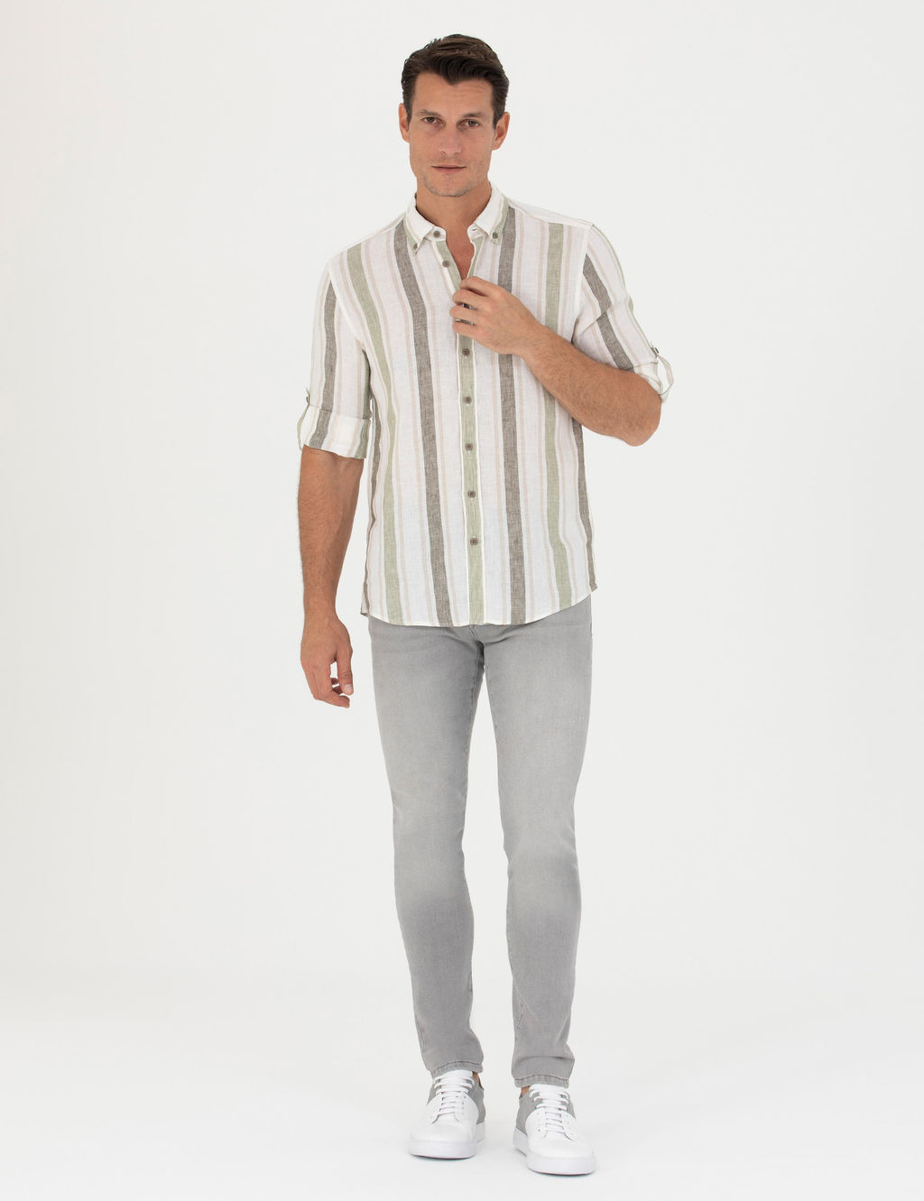 Haki Slim Fit %100 Keten G_mlek