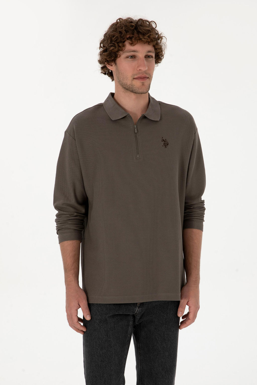 Erkek Comfort Fit Yar_m Fermuarl_ Vizon Sweatshirt