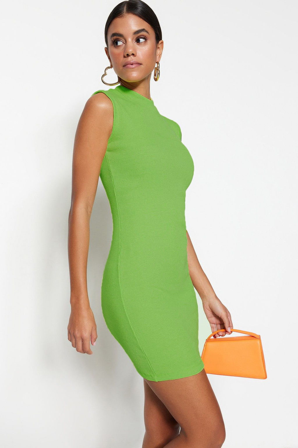 Lime Kolsuz Bisiklet Yaka Vucuda Oturan Esnek Mini Orme Kalem Elbise TWOSS22EL2819