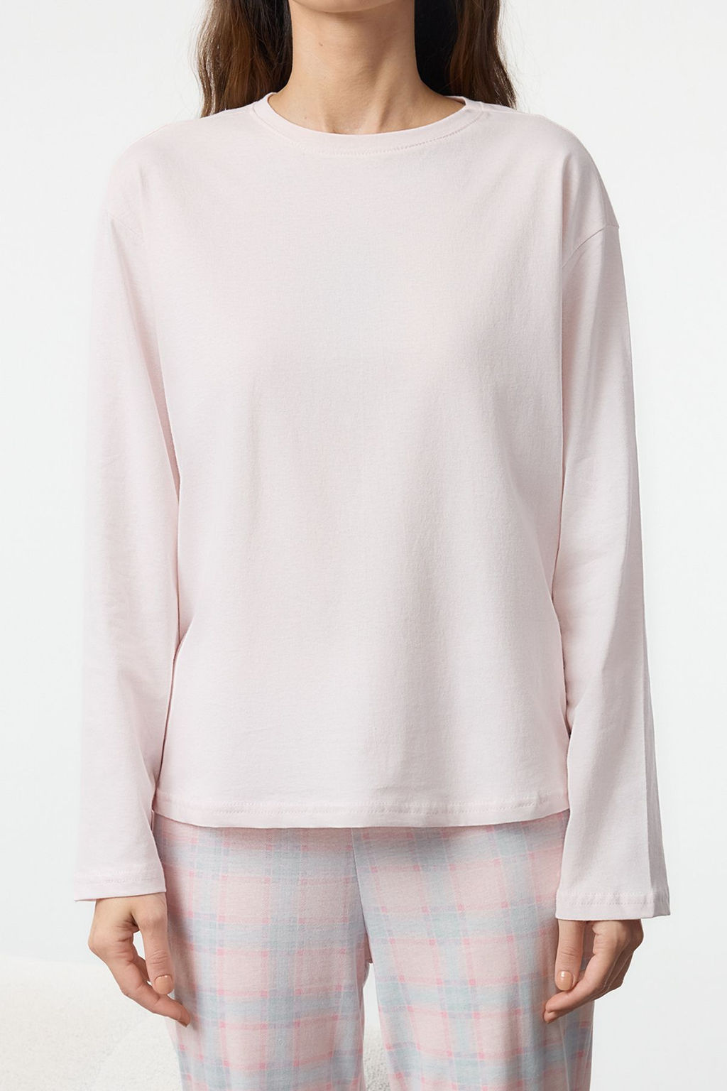 Trendyolmilla Pembe-Cok Renkli Pamuklu Ekoseli Uyku Bantl? Orme Pijama Tak?m? THMAW25PT00181  фото 8