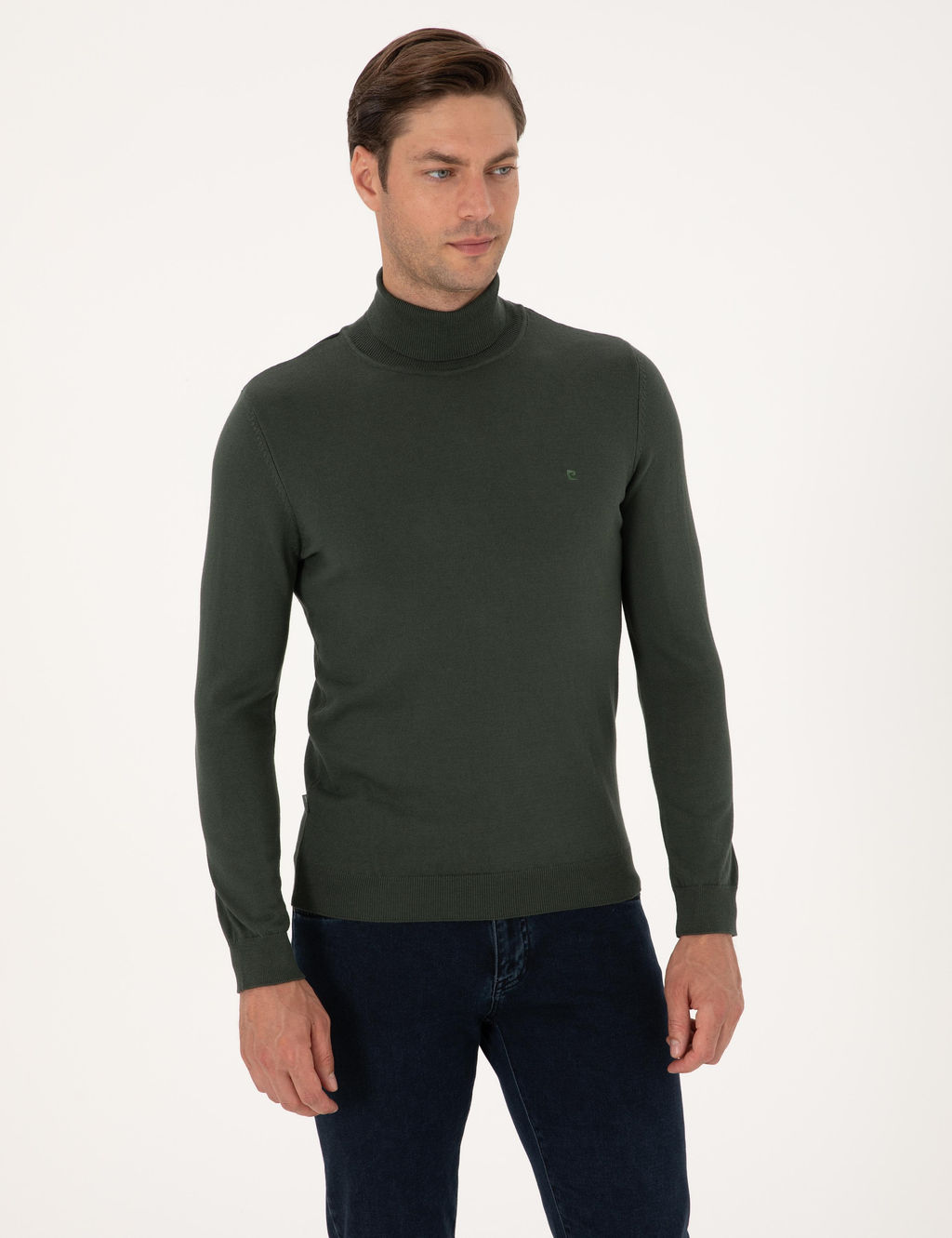 Koyu Haki Slim Fit Bal_k__ Yaka Basic Triko Kazak