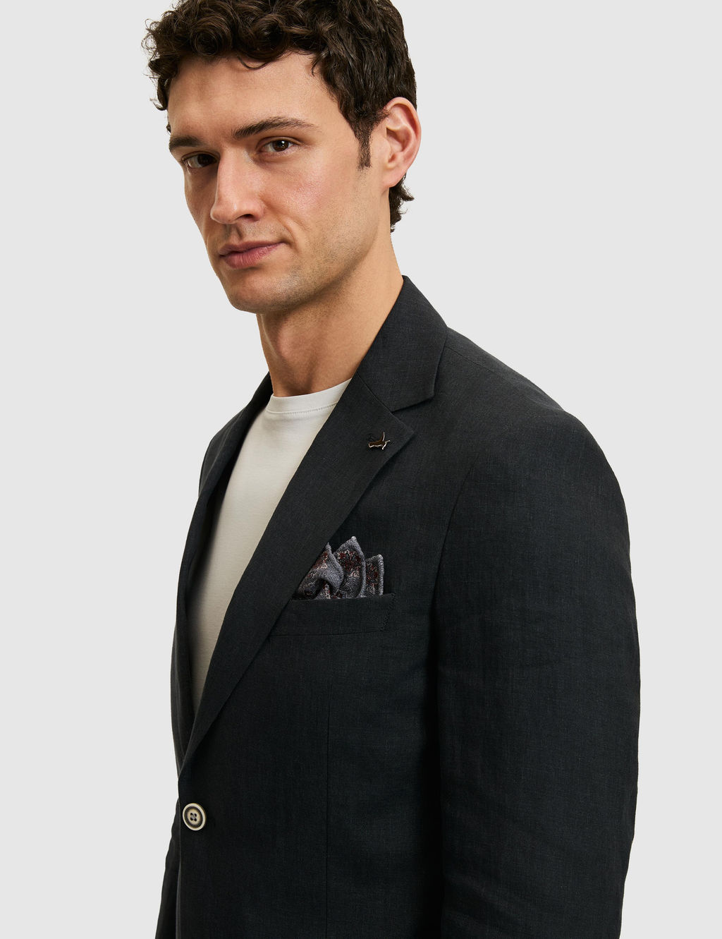 Siyah Slim Fit %100 Keten Mikro Desen Mono Yaka Ceket