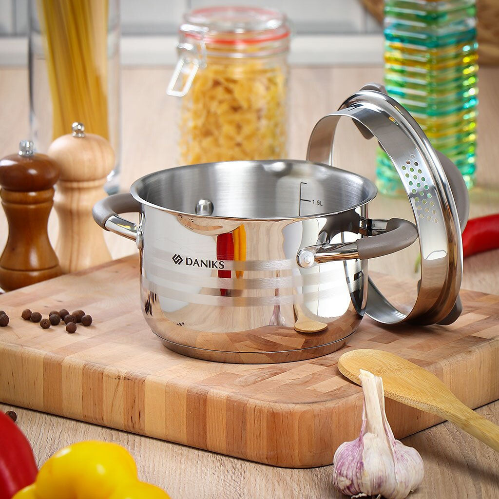 Кастрюля нерж НАРА 2.1 л, с крышкой, крышка стекло, Daniks, GS-01413HY-16CA-2, серебр  фото 3