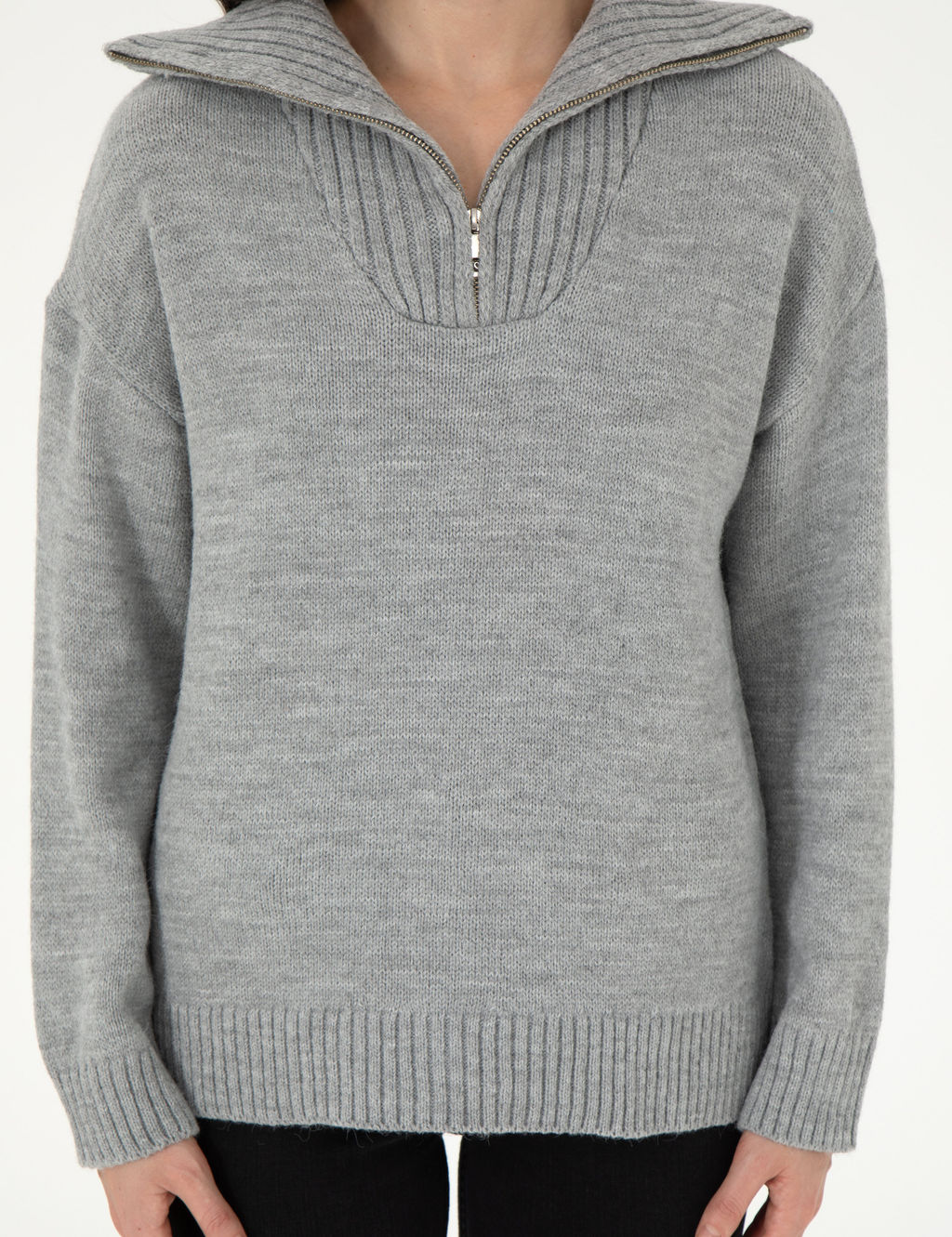 Gri Melanj Comfort Fit Fermuarl_ Kazak
