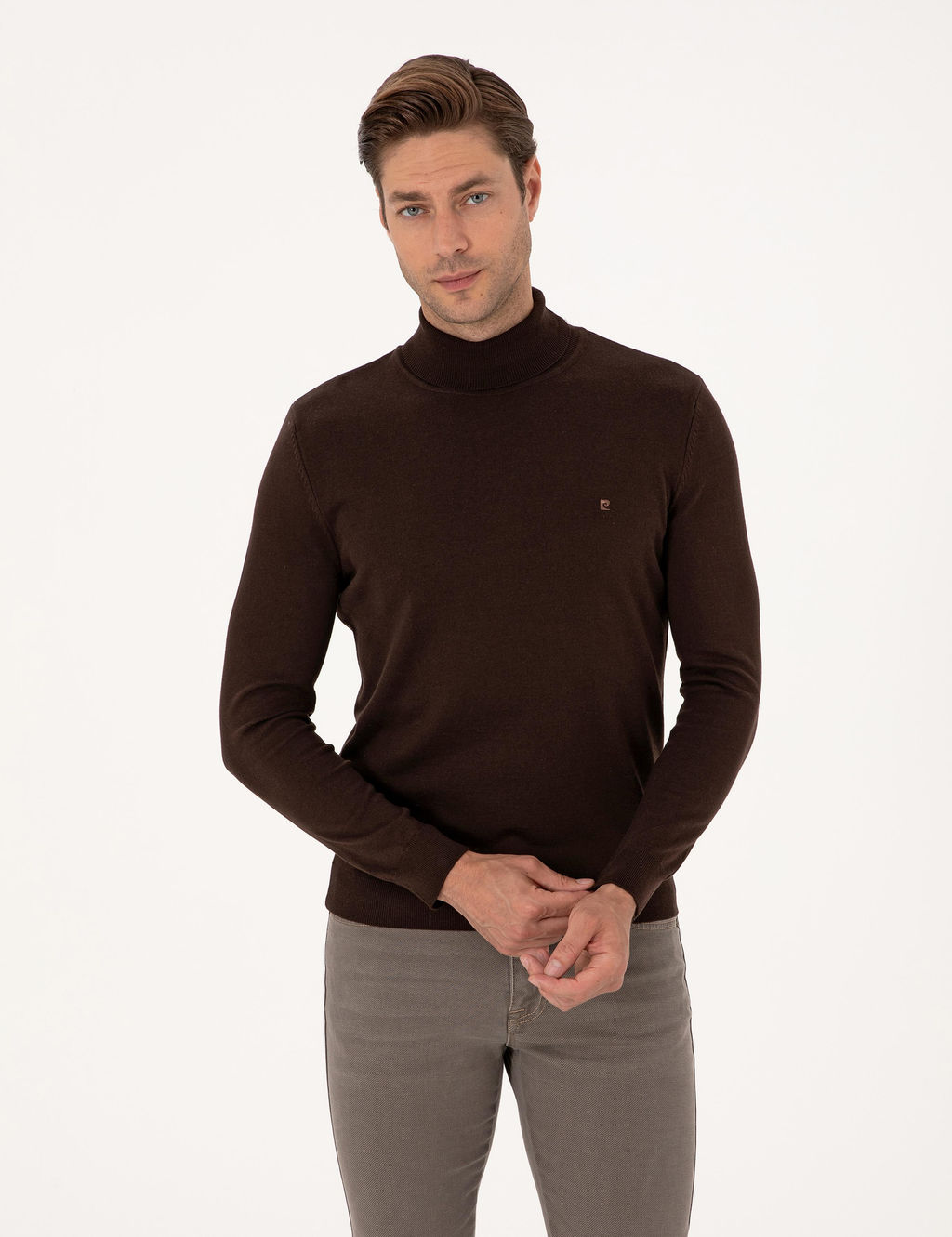 Koyu Kahverengi Slim Fit Bal_k__ Yaka Basic Triko Kazak