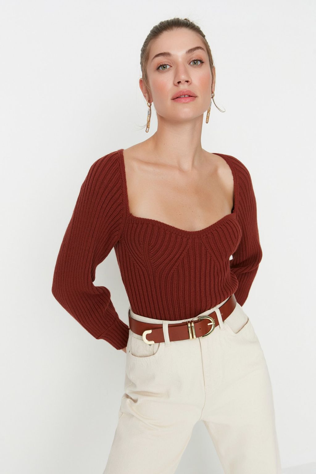 Kahverengi Crop Kalp Yaka Triko Kazak TWOAW22KZ1760 - Trendyolmilla фото 2