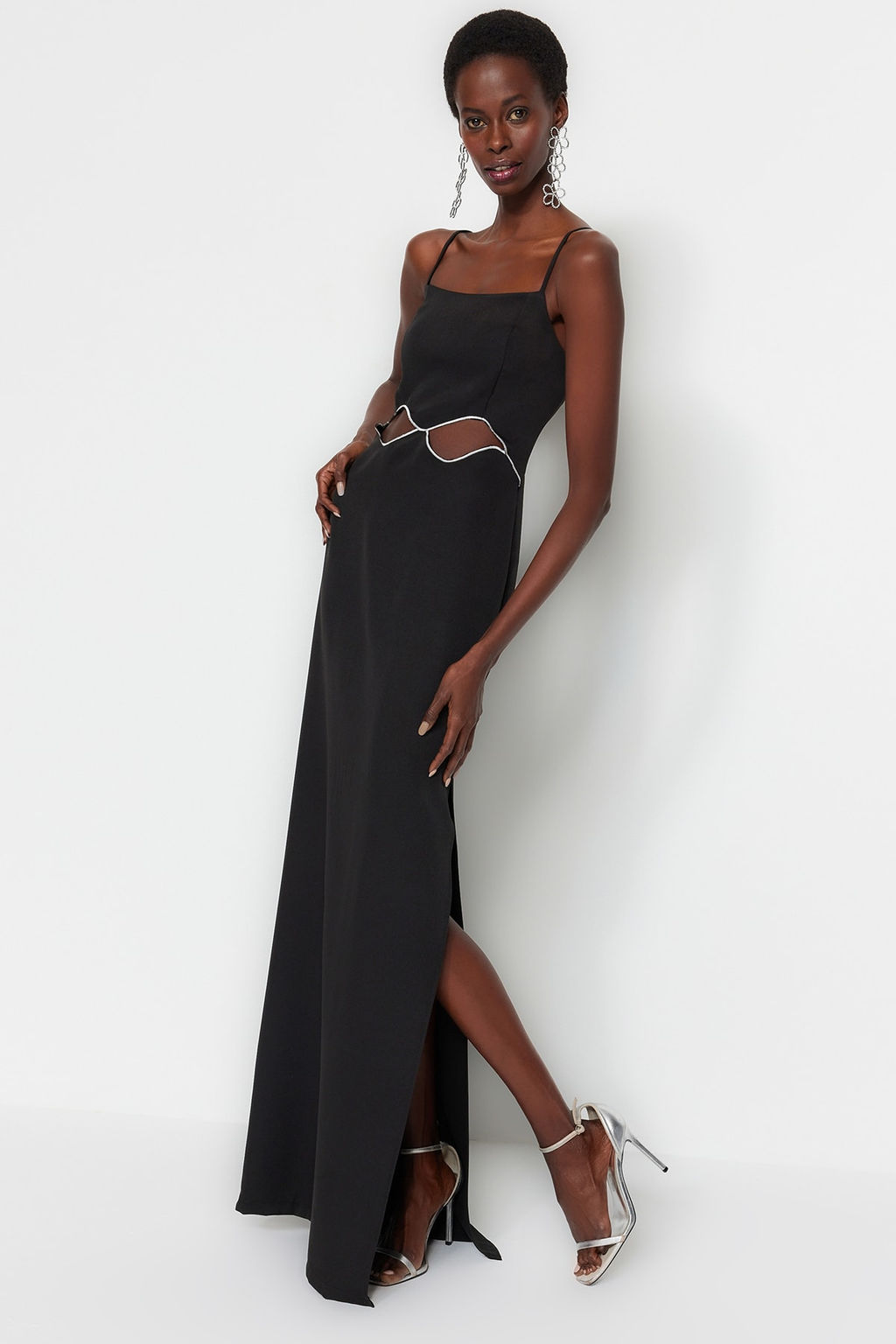 Siyah Dokuma Pencere/Cut Out Detayl? Uzun Gece Abiye Elbise TPRSS23AE00028 - Trendyolmilla фото 2