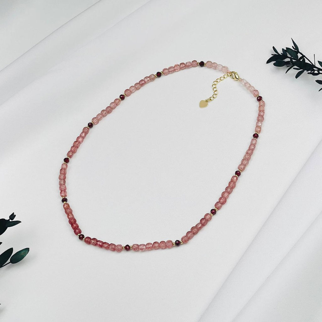 Колье из Клубничного кварца и Граната "Градиент" 45 см +