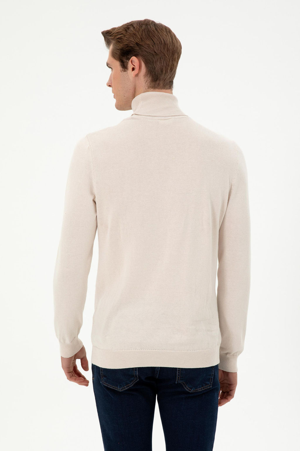 Erkek Slim Fit Bo_azl_ Yaka Krem Melanj Basic Kazak