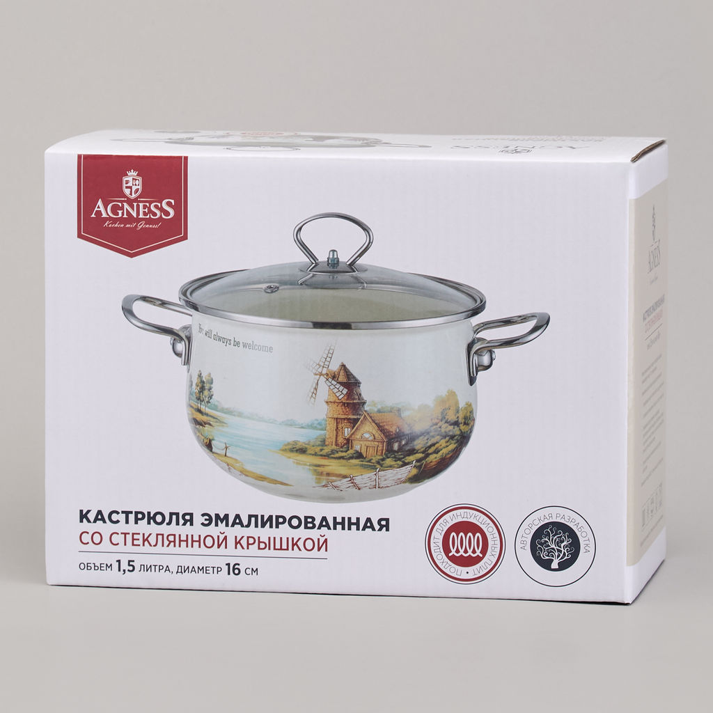 КАСТРЮЛЯ AGNESS ЭМАЛИРОВАННАЯ СО СТЕКЛЯННОЙ КРЫШКОЙ СЕРИЯ LAVANDER CATS, 1,5 Л ДИА. 16СМ фото 2