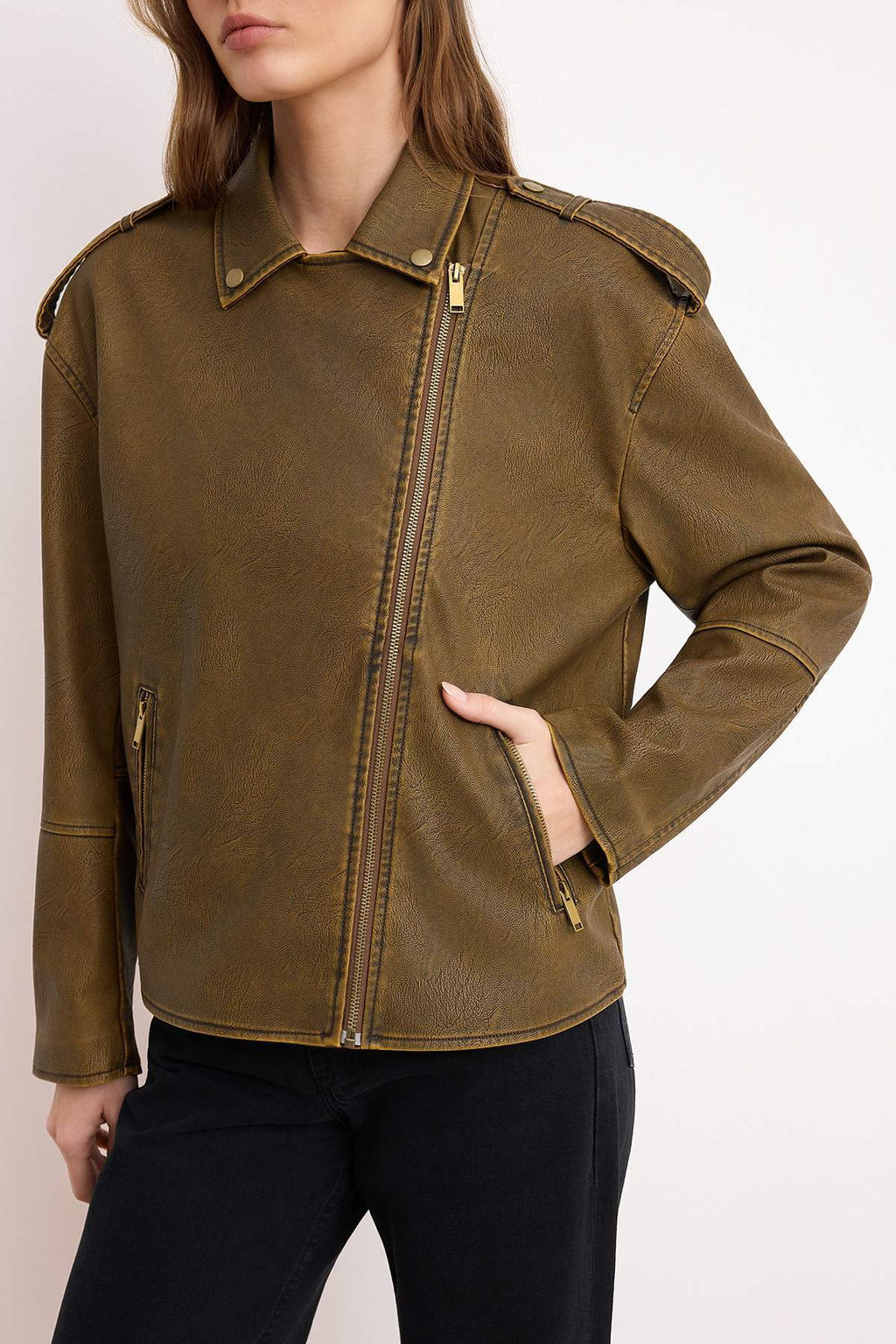 Kahverengi Oversize Kal?p Y?kama Efekctli Suni Deri Biker Ince Ceket Mont TWOAW25MO00010 - Trendyolmilla фото 14