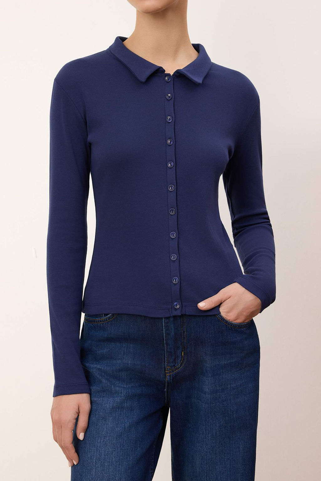 Gri Melanj Fitted/Vucuda Oturan Polo Yaka Dugmeli Pamuk Ribana Orme Bluz TWOSS26BZ00066 - Trendyolmilla фото 11