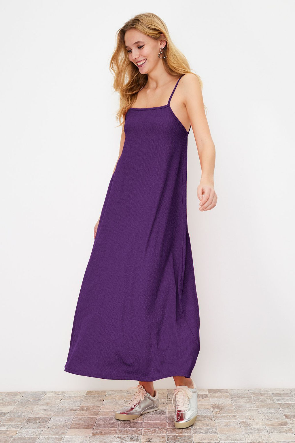 Mor Ayarlanabilir Ask?l? Kare Yaka A-Line Burumcuk/Dokulu Orme Maxi Elbise TWOSS24EL00060