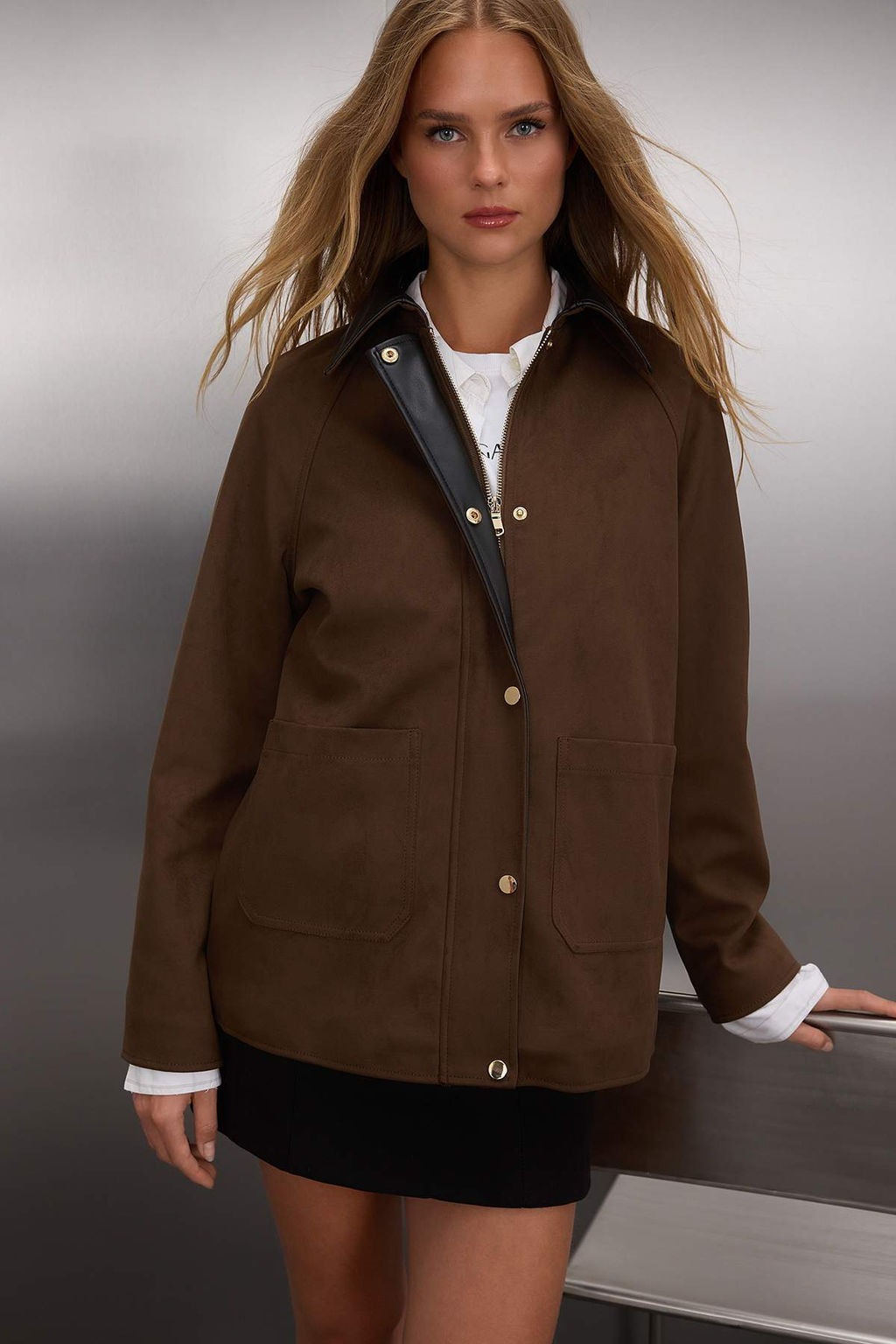 Kahverengi Regular Kal?p Yakas? Suni Deri Detayl? Suet Ince Ceket Mont TWOAW26MO00116