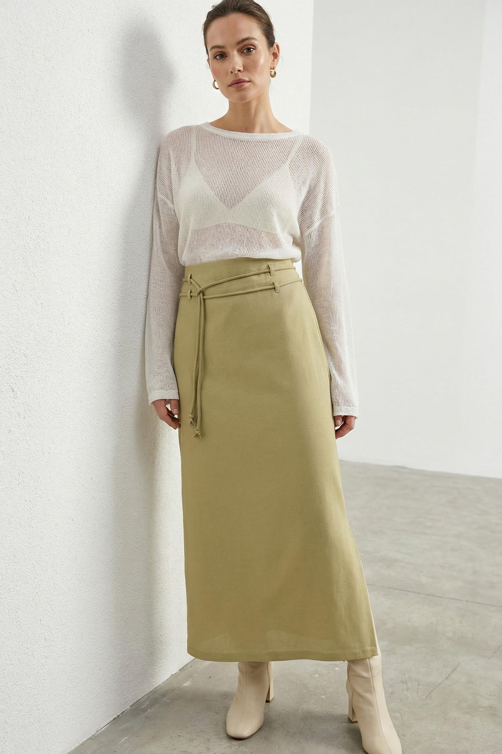 Haki Kordon Kemerli Keten Kar?s?ml? Yandan Y?rtmacl? Maxi Dokuma Etek TWOSS25ET00124