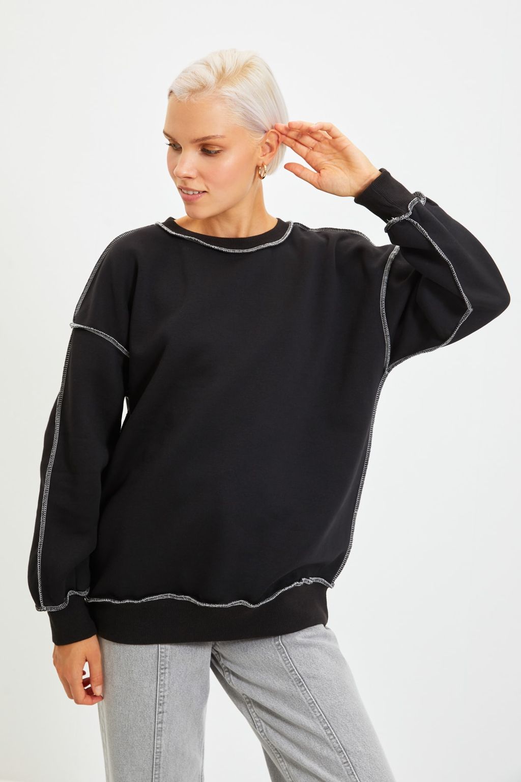 TRENDYOLMILLA Siyah Regular/Normal Kal?p Karyoka Dikisli Kal?n Ici Polarl? Orme Sweatshirt TWOAW22SW0267  фото 7