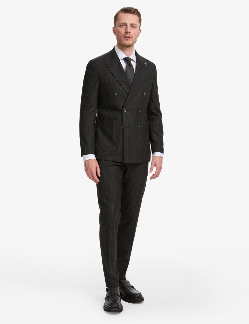 Siyah Ex. Slim Fit _izgili Kruvaze Tak_m Elbise