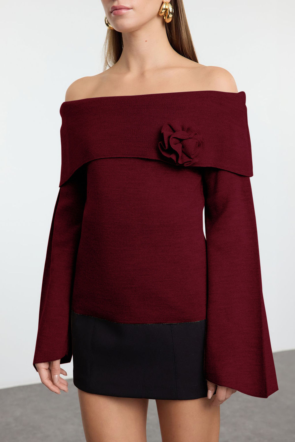 Bordo Gul Detayl? Carmen Yaka Triko Kazak TWOAW25KZ00373 - Trendyolmilla фото 3