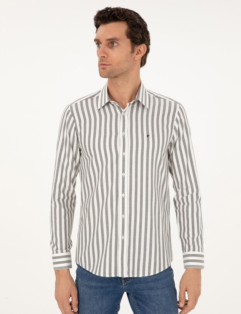 Gri Slim Fit _izgili Pamuk G_mlek