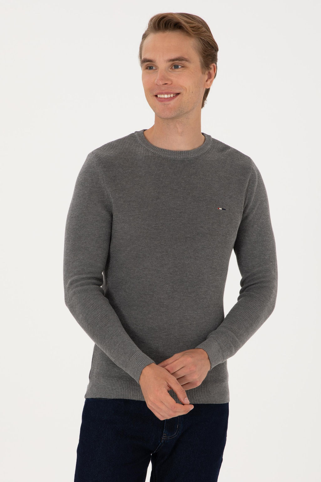 Erkek Slim Fit Bisiklet Yaka Gri Melanj Basic Kazak - U.s. polo assn фото 3