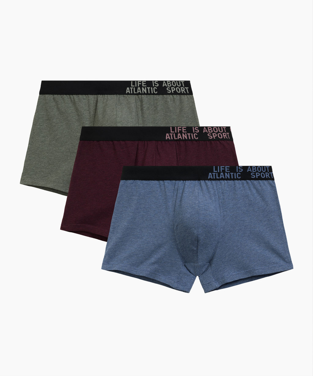 ATLANTIC 3MH-226 Трусы шорты Melange - набор 3 шт. зеленый меланж + винный меланж + голубой меланж