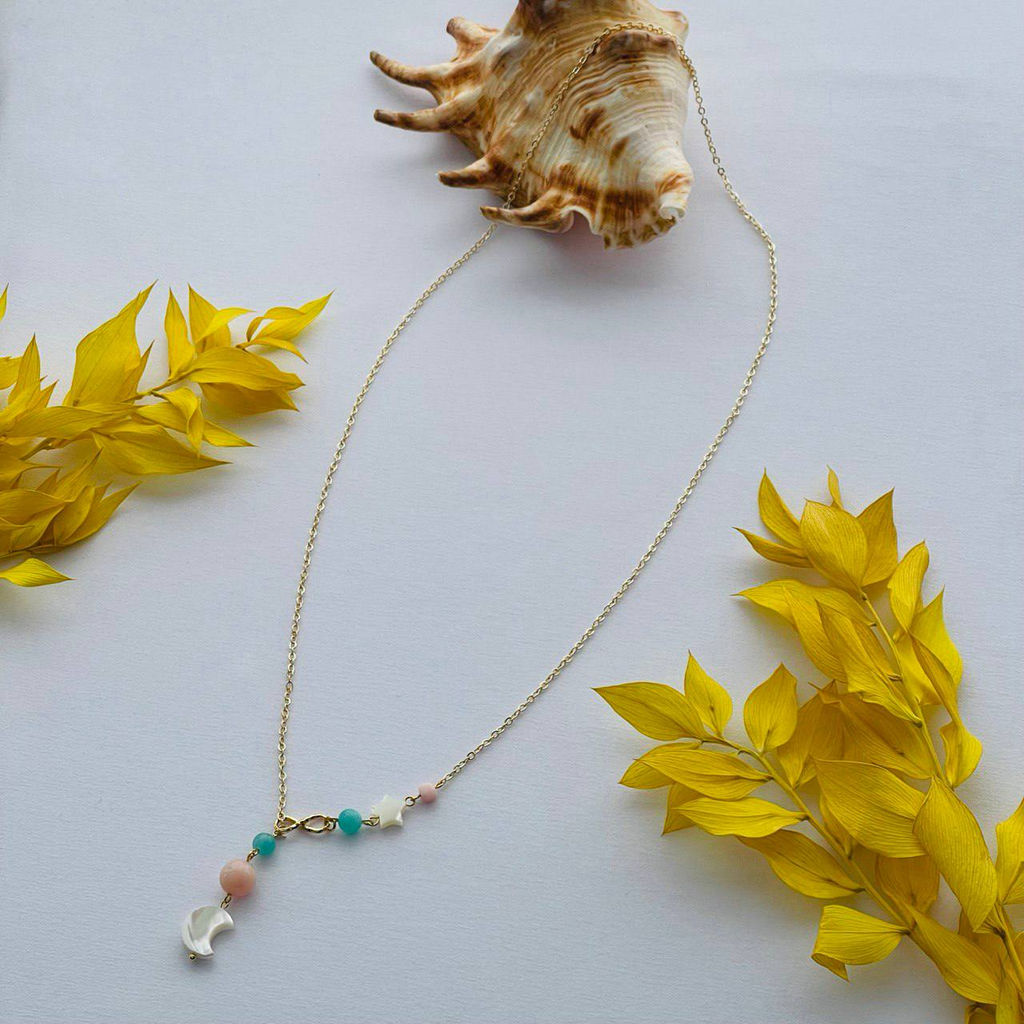 Колье на цепочке с Перламутром, Амазонитом и Опалом
