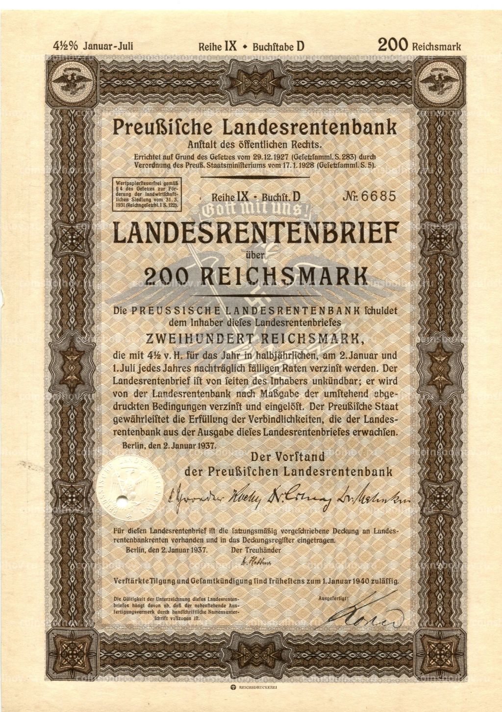 Облигация 4,5% 200 рейхсмарок 1937 года Германия