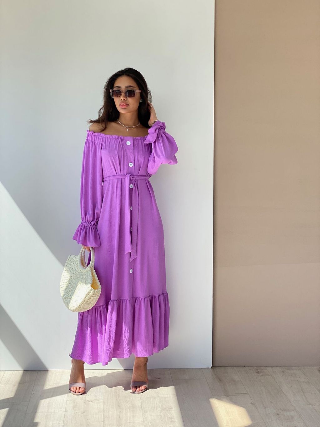 Длинное платье с открытыми плечами сиреневое - Martichelli фото 3