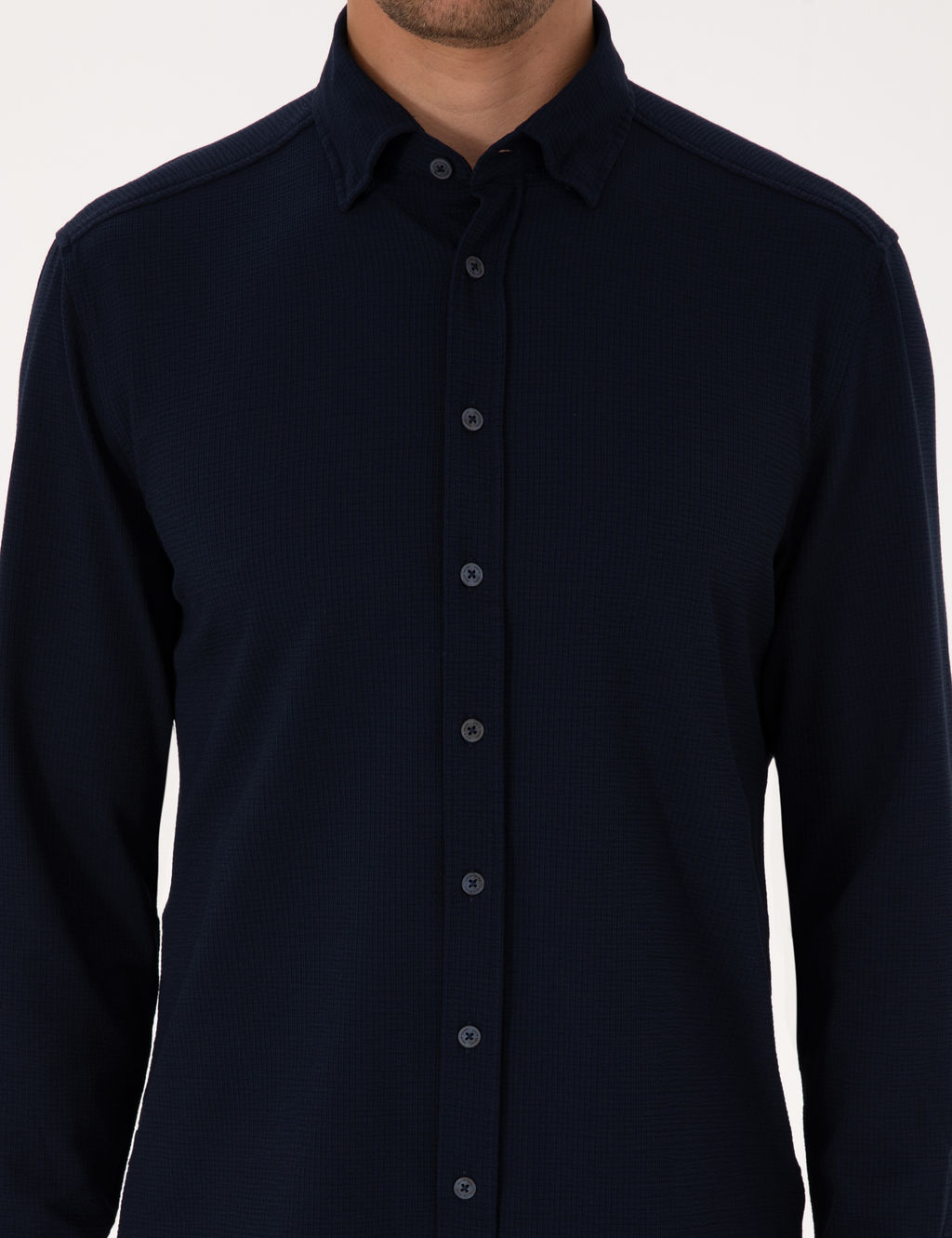 Lacivert Esnek Slim Fit _izgili Uzun Kollu G_mlek