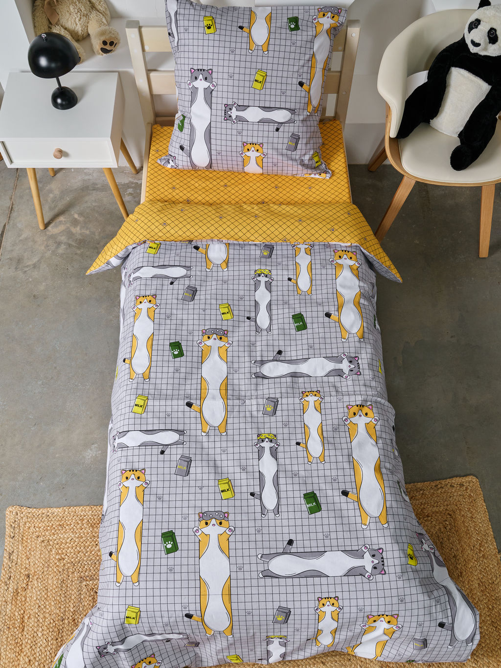 Постельное белье детское поплин без молнии с 1 наволочкой - Кот-батон 1,5 сп. (1 нав.70x70)