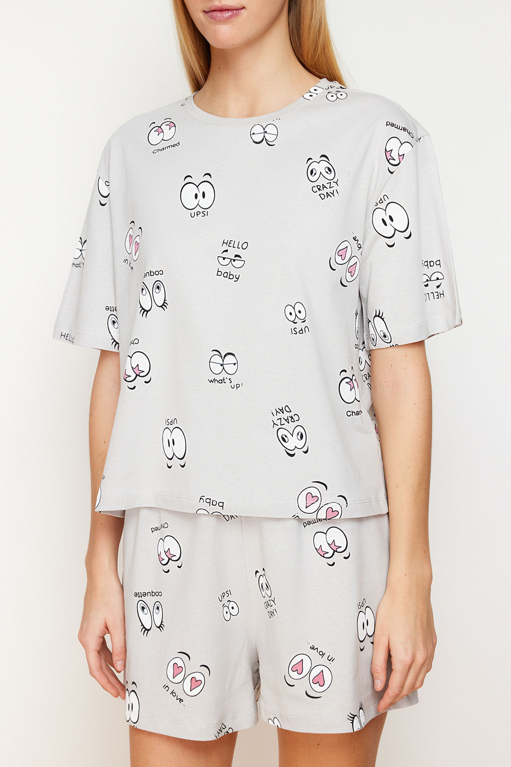 Trendyolmilla Gri %100 Pamuklu Eglence Desenli Sortlu Orme Pijama Tak?m? THMSS24PT00024  фото 4