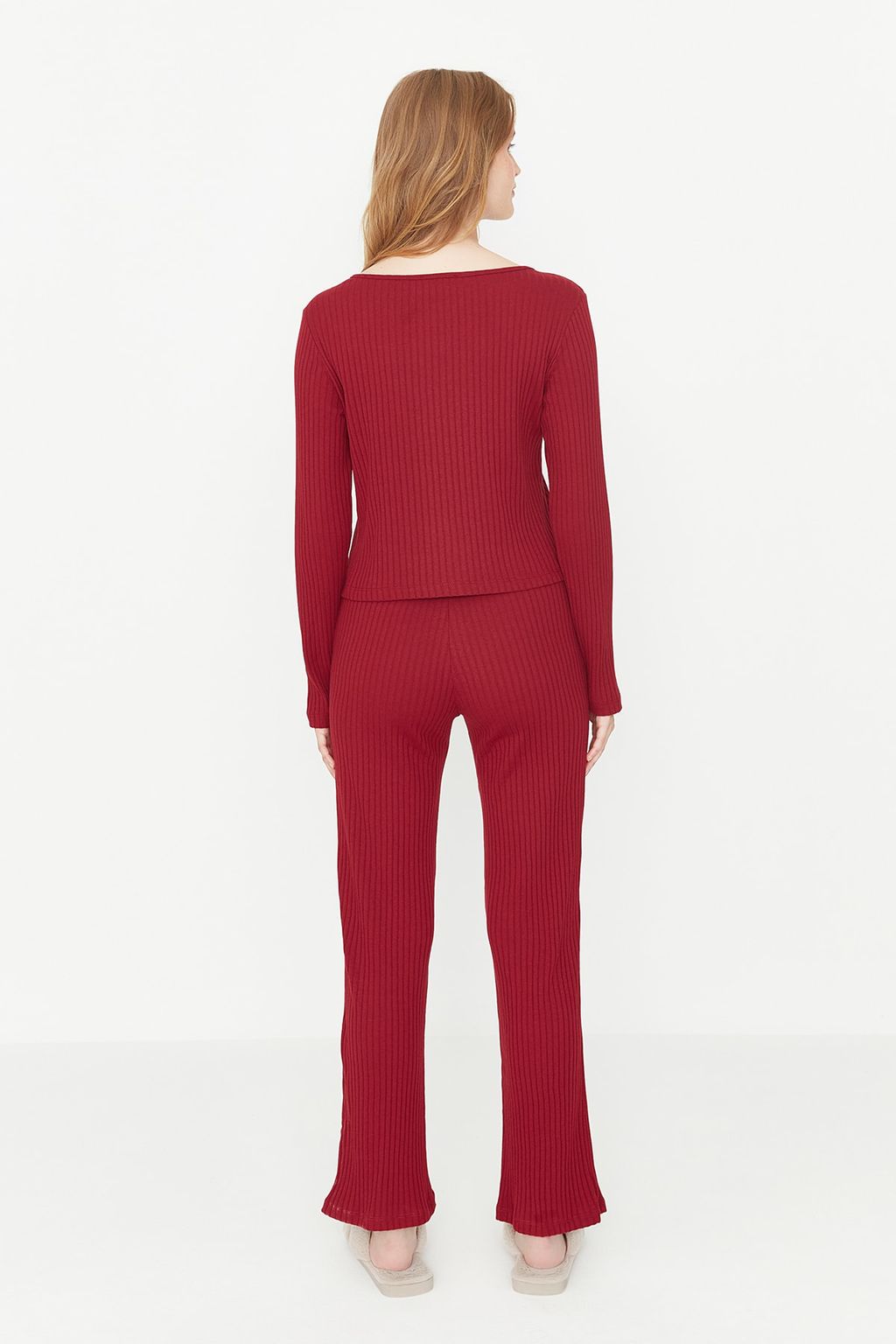 Bordo Slogan Lastik Detayl? Fitilli Orme Pijama Tak?m? THMAW21PT0269