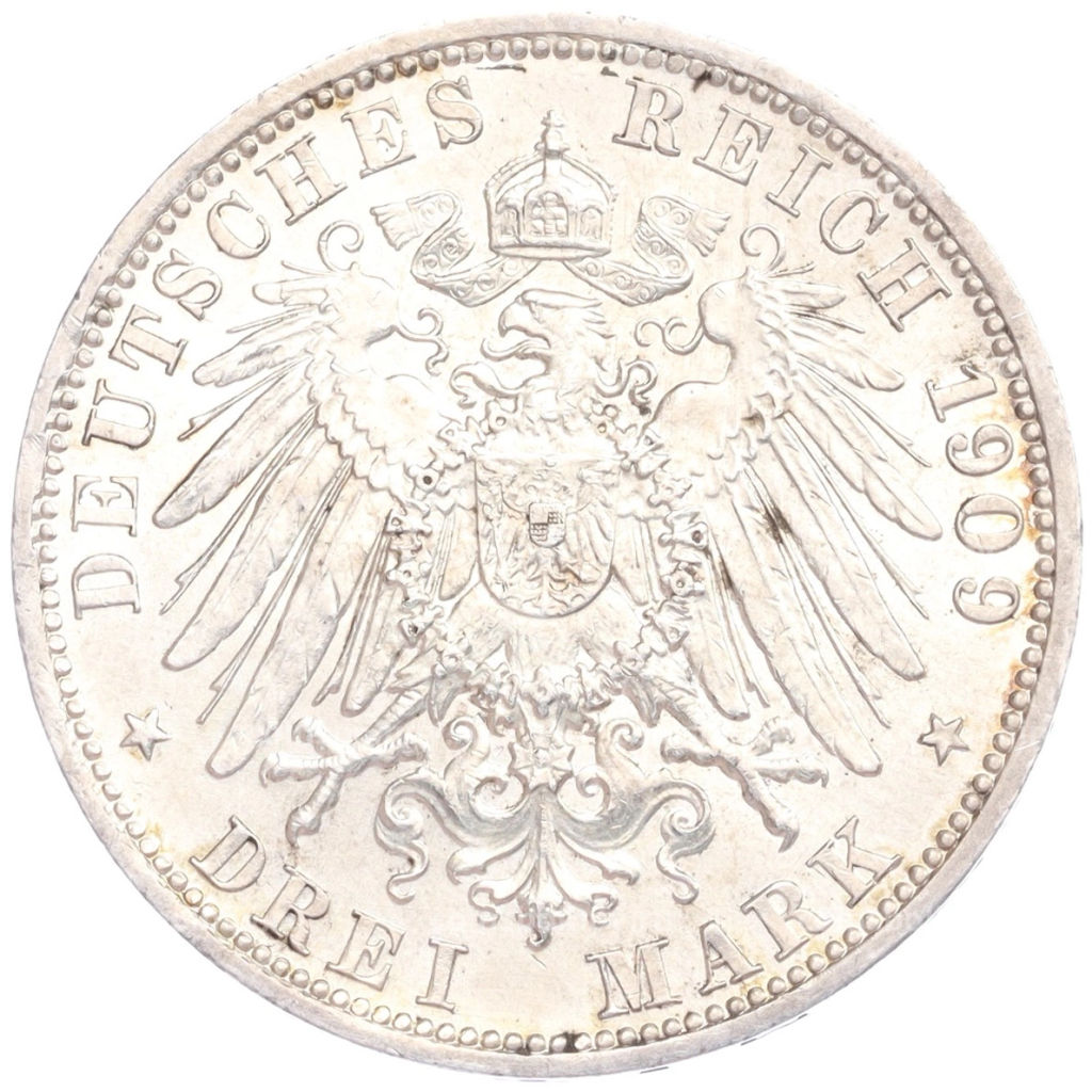 Монета 3 марки 1909 года A Германия (Шварцбург-Зондерсгаузен) Смерть Карла Гюнтера