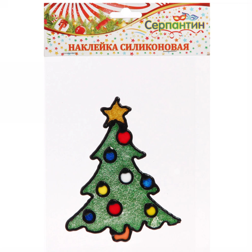 Цена за 4 шт. Наклейка на стекло 15*18 см,"Елочка с шариками"
