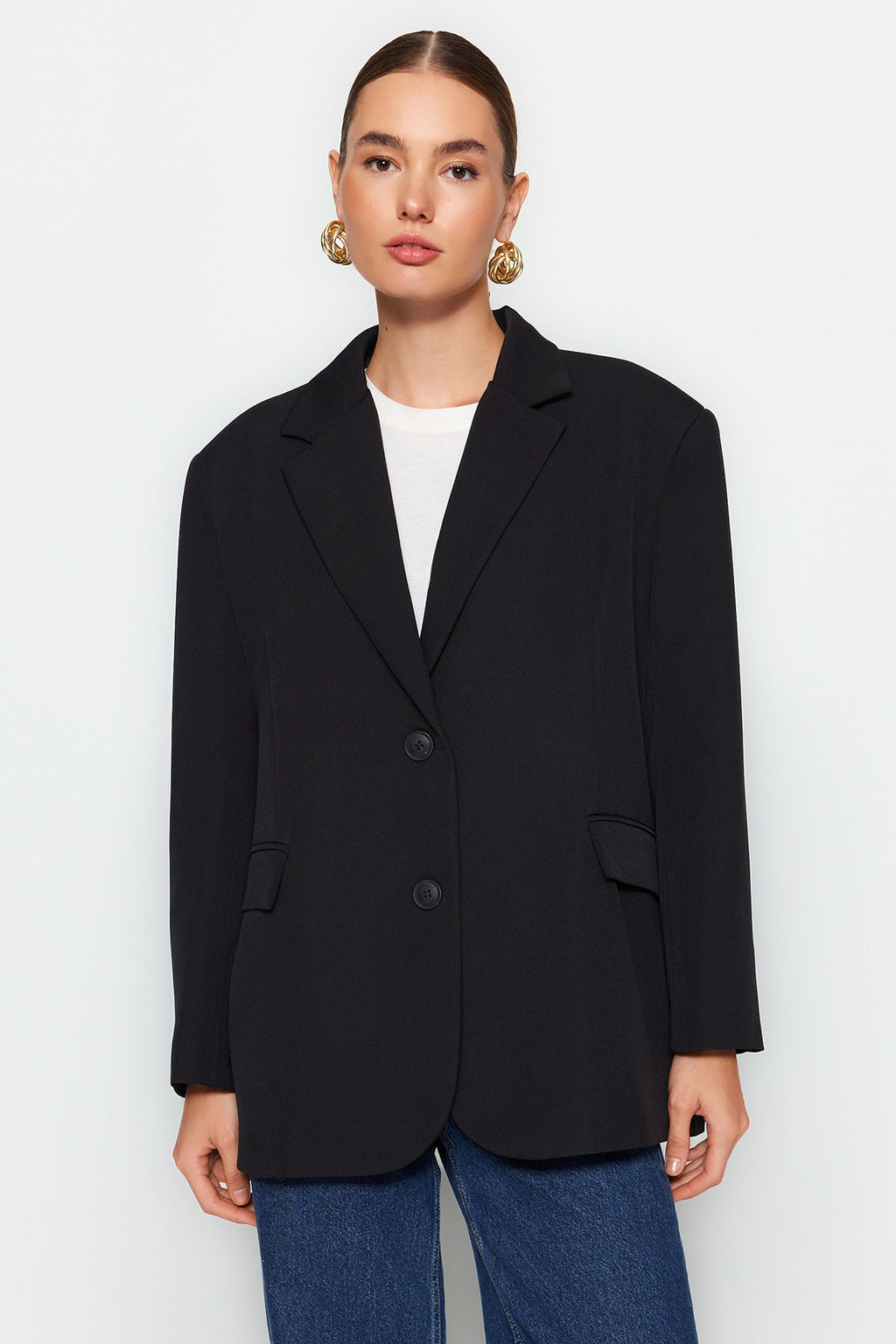 Siyah Dokuma Ekstra Oversize Blazer Ceket TWOAW24BC00107