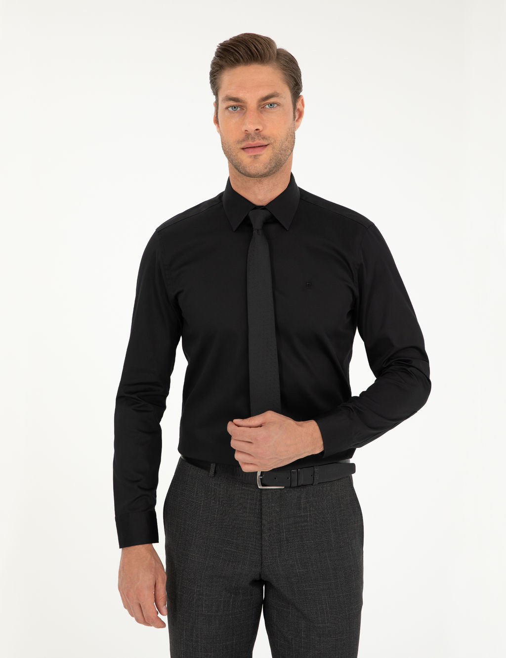 Siyah %100 Pamuk Parlak Saten Slim Fit Uzun Kollu Basic G_mlek