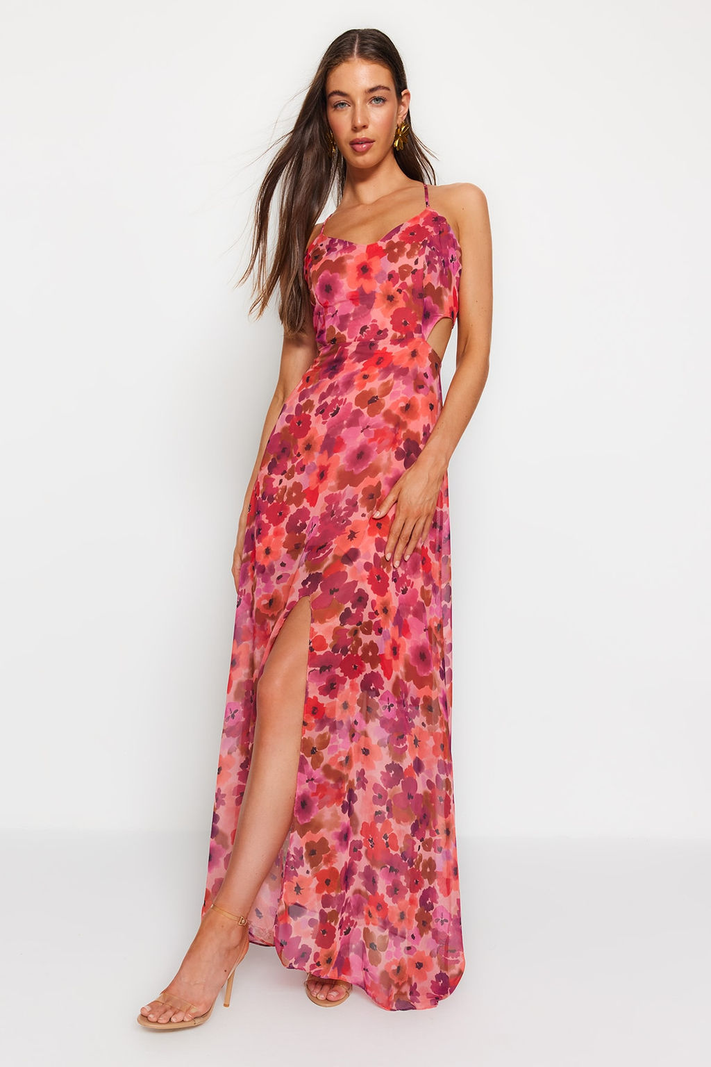 TRENDYOLMILLA Cok Renkli A Kesim Astarl? Pencere/Cut Out Detayl? Cicek Desenli Maxi Dokuma Elbise TWOSS20EL1270  фото 16