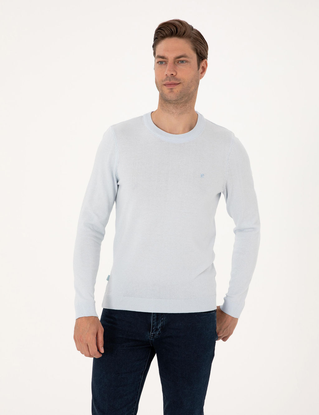 A__k Mavi Slim Fit Bisiklet Yaka Basic Triko Kazak